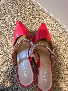 BCBGeneration Red Patent Pointed-Toe Slingback Mules with Crystal Embellishment